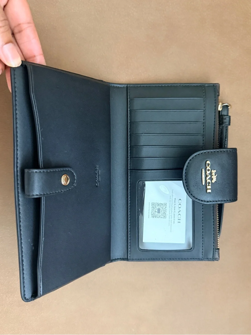 Coach Black Signature Wristlet Phone Wallet with Gold Logo